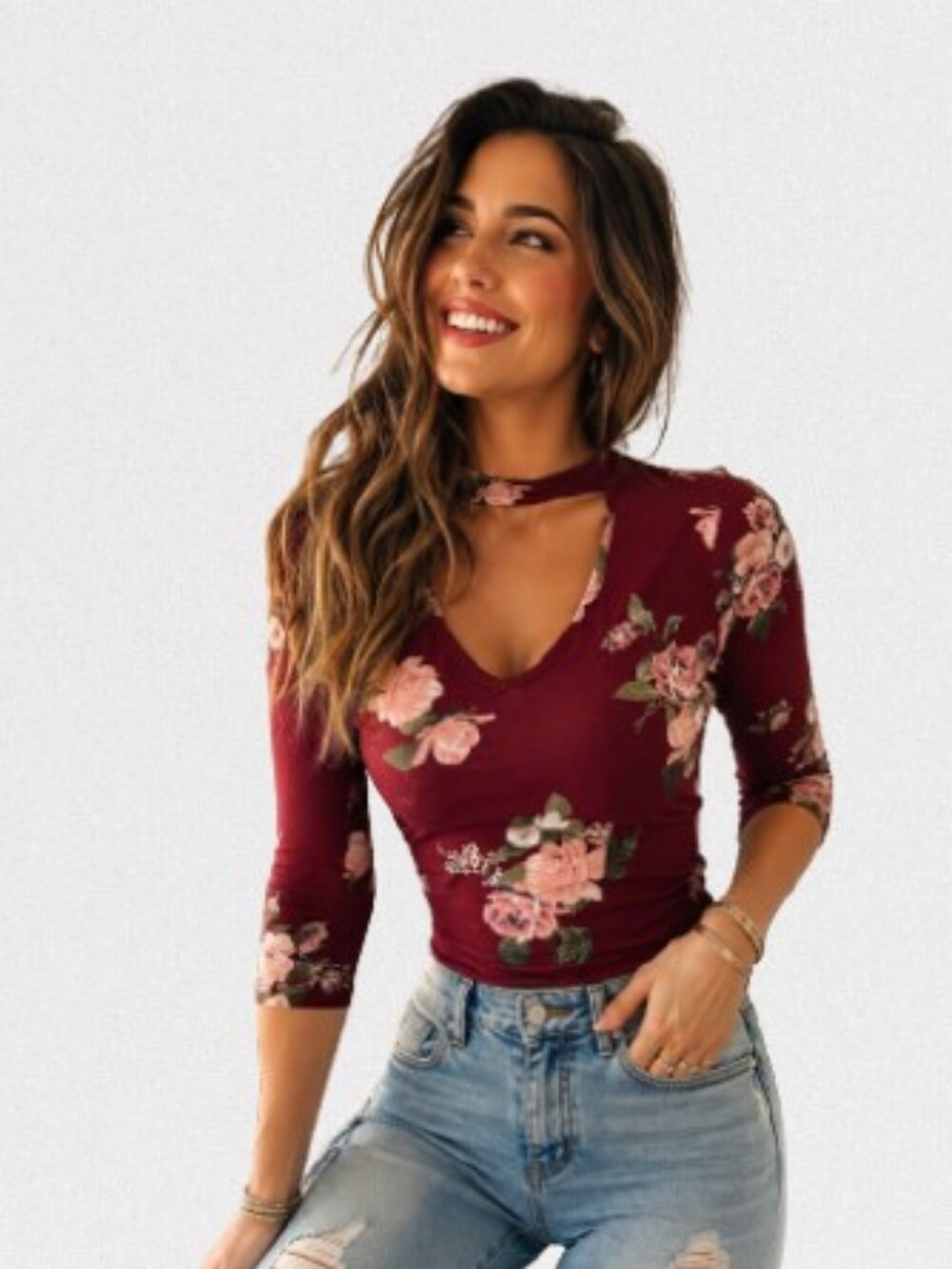 womans medium maroon bodycon floral top